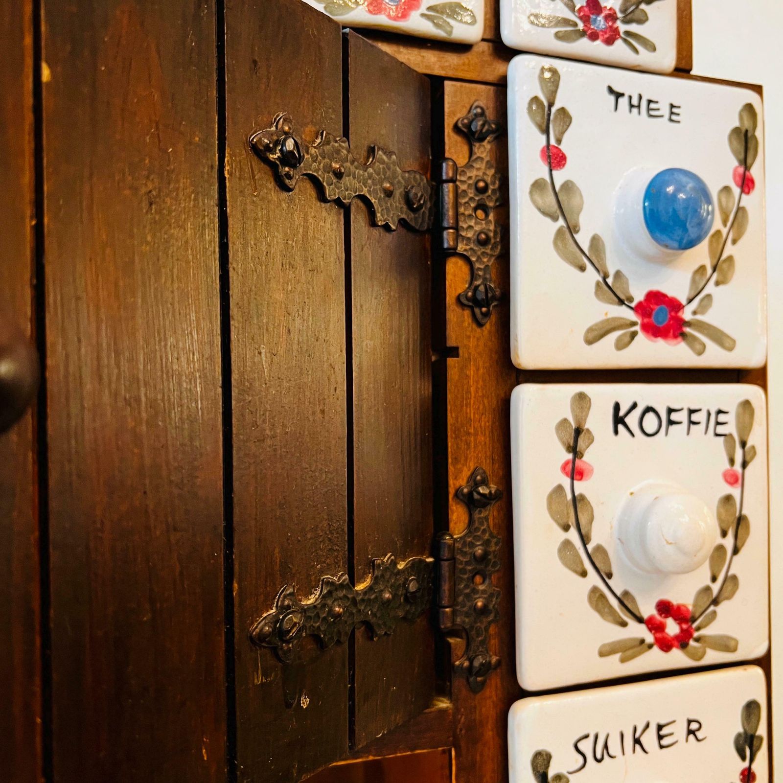Antique Dutch Wooden Spices Cabinet Blue Ceramic Drawers 1930s Farmers Wall Cabinet Kitchen Country Style Art Deco photo 633.0