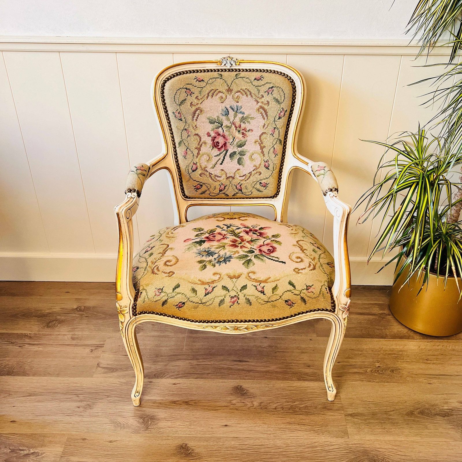 Antique French Louis XV Style Armchair. Circa 1920. Gold Details Tapestry Chair