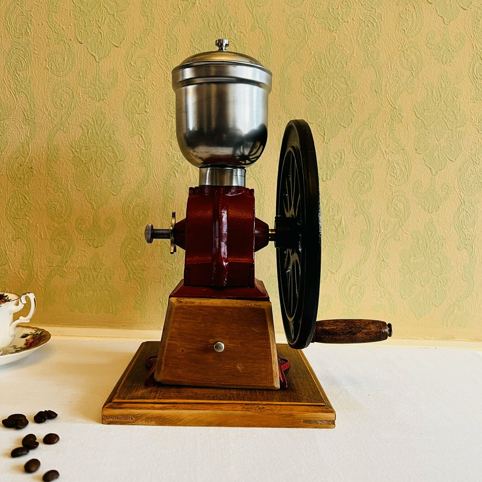 Vintage Coffee Grinder, Wood And Iron Cast, Vintage, Bar And Home Decor, Model Industrial Revolution photo for sale