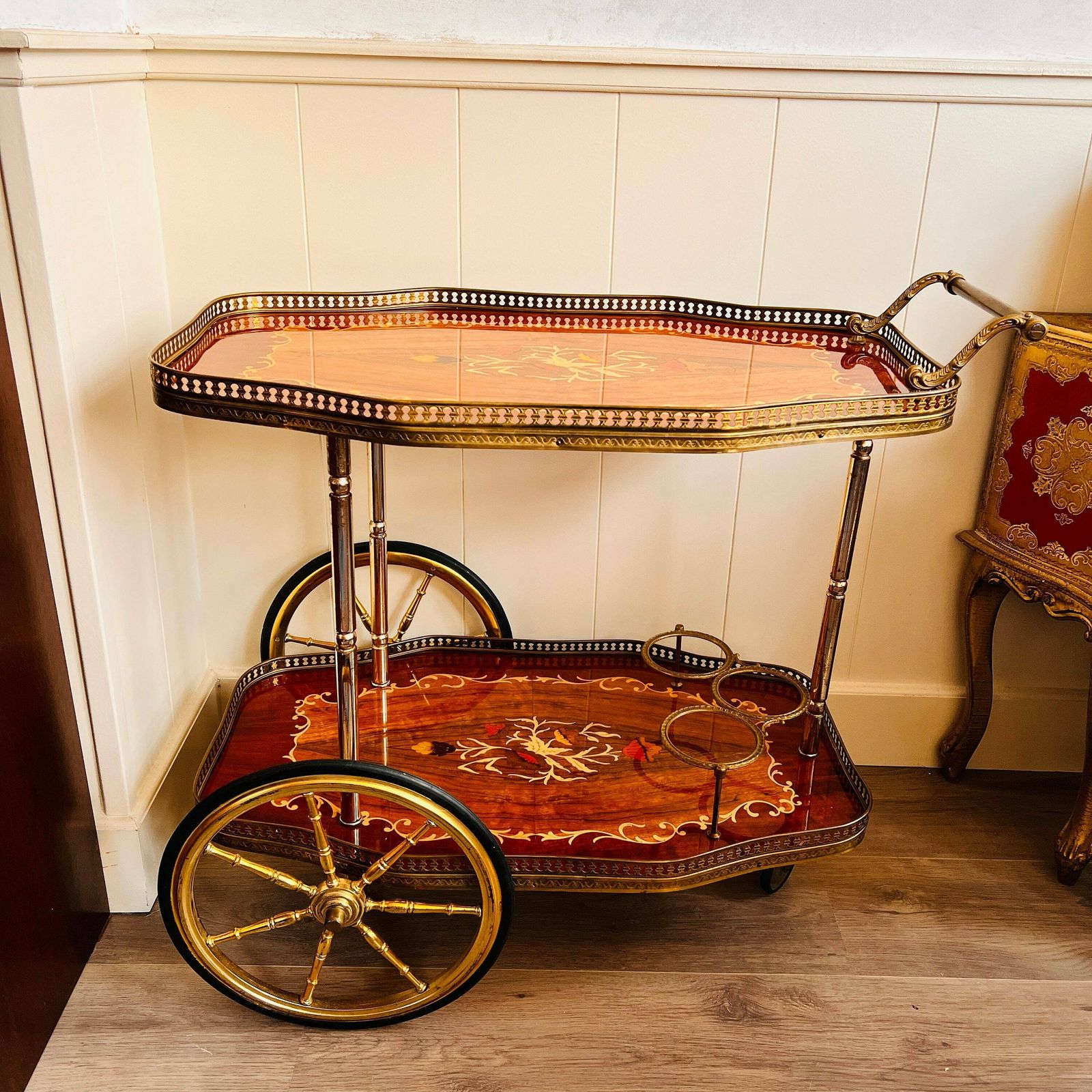 Elegant Hollywood Regency Vintage Bar Cart Featuring Italian Marquetry Inlay 1960s photo furniture