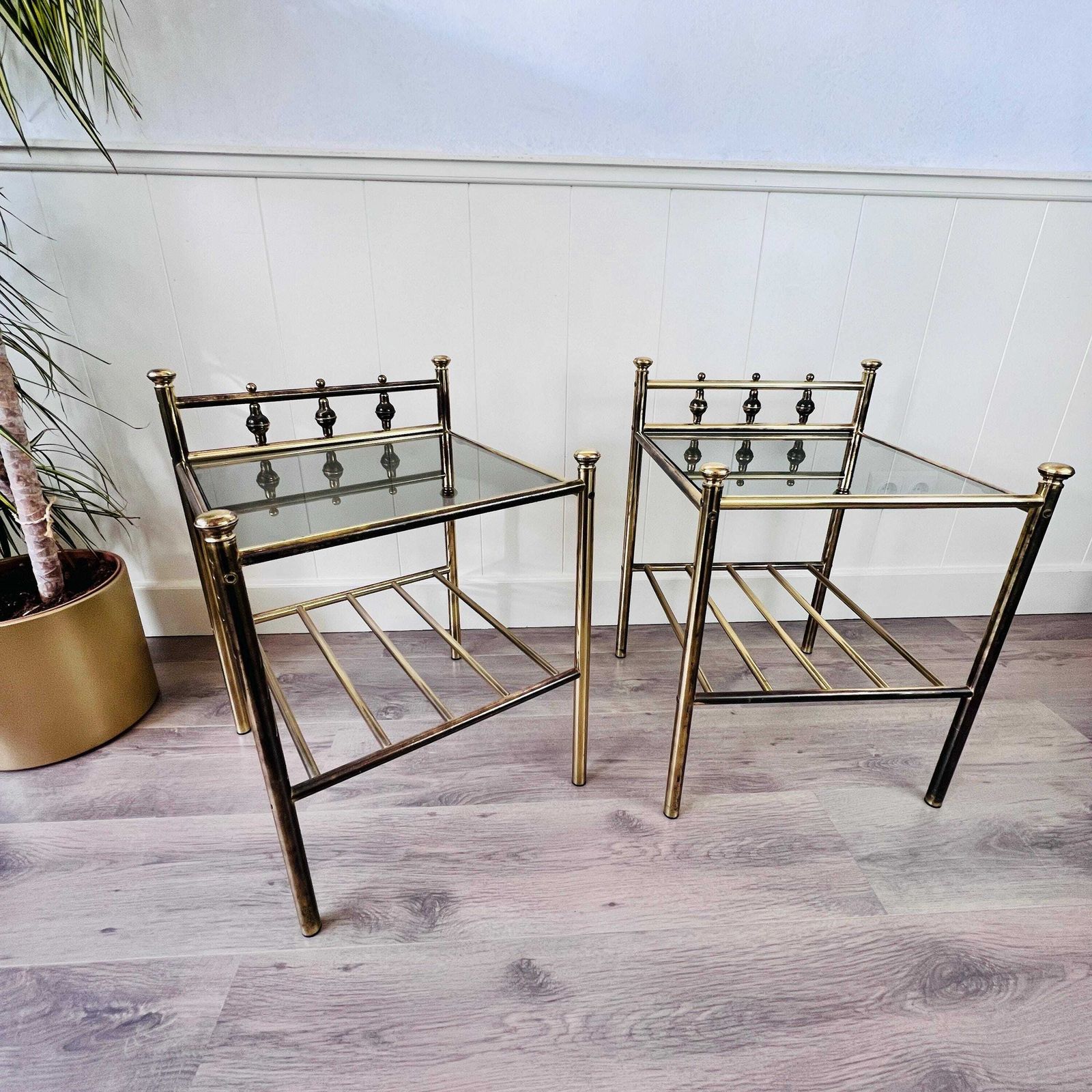 Vintage Messing En Glas Bijzettafels, Hollywood Regency, Mid Century photo for sale