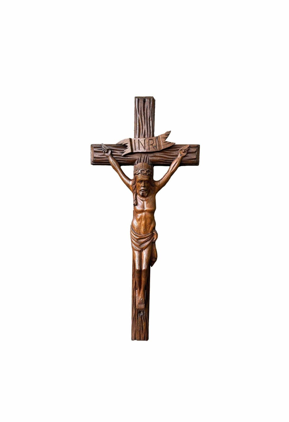Large Hand Carved Wood Wall Cross   Folk Art   Altar Wooden Crucifix   Wood Jesus Corpus Statue