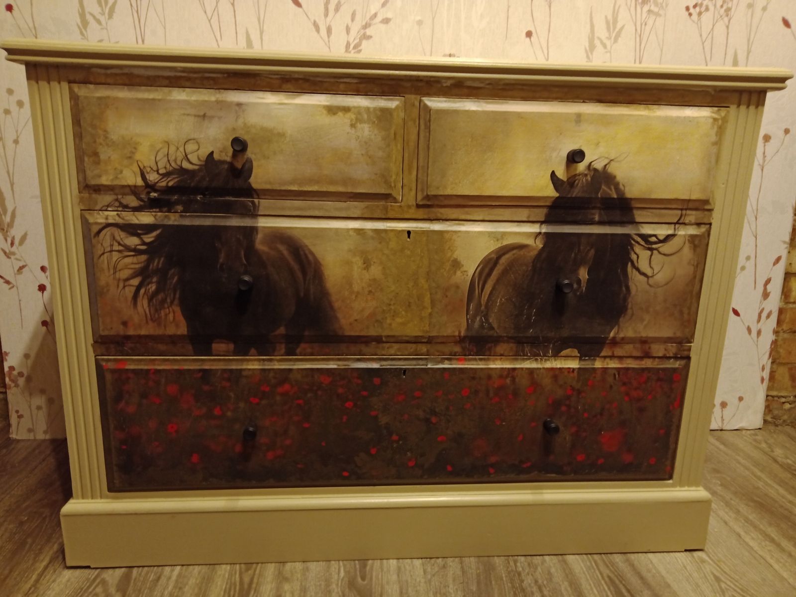 Hand Painted Plus Decoupage Vintage Chest With 2 Beautiful Wild Horses In Poppy Field photo vinterior