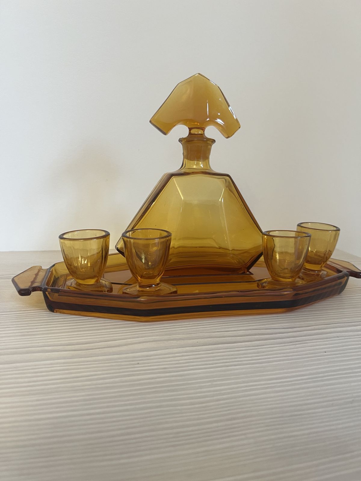 Art Deco Stölzle Liquor Set Czech Amber Glass Decanter With Tray And 4 Shot Glasses photo furniture