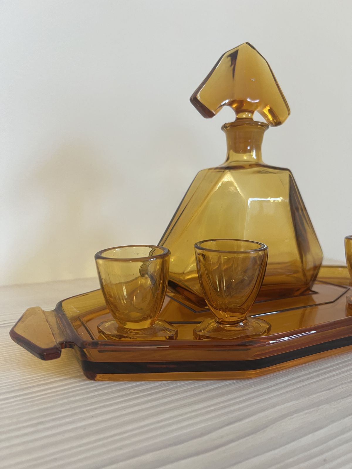 Art Deco Stölzle Liquor Set Czech Amber Glass Decanter With Tray And 4 Shot Glasses photo for sale