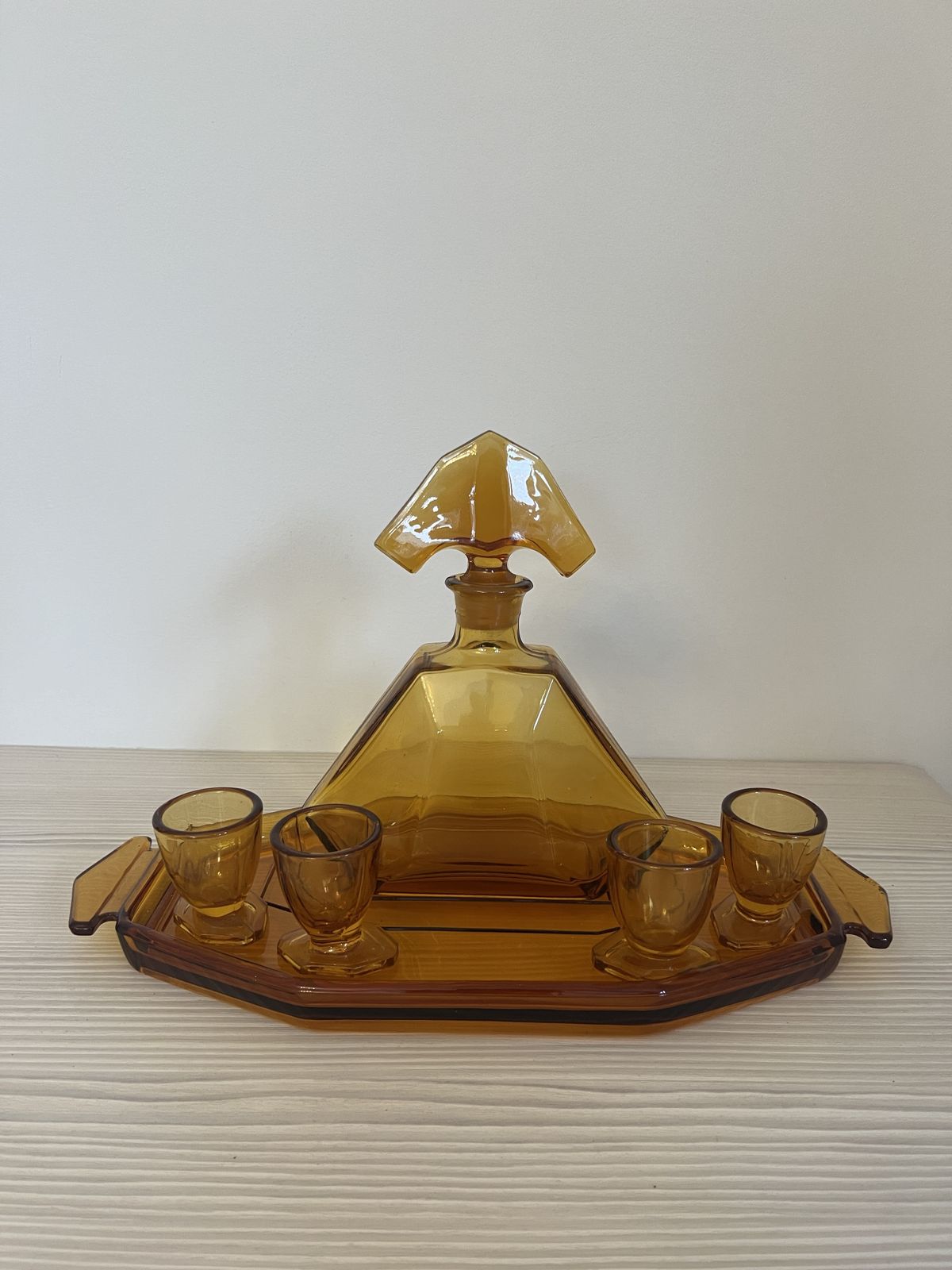 Art Deco Stölzle Liquor Set Czech Amber Glass Decanter With Tray And 4 Shot Glasses photo vinterior