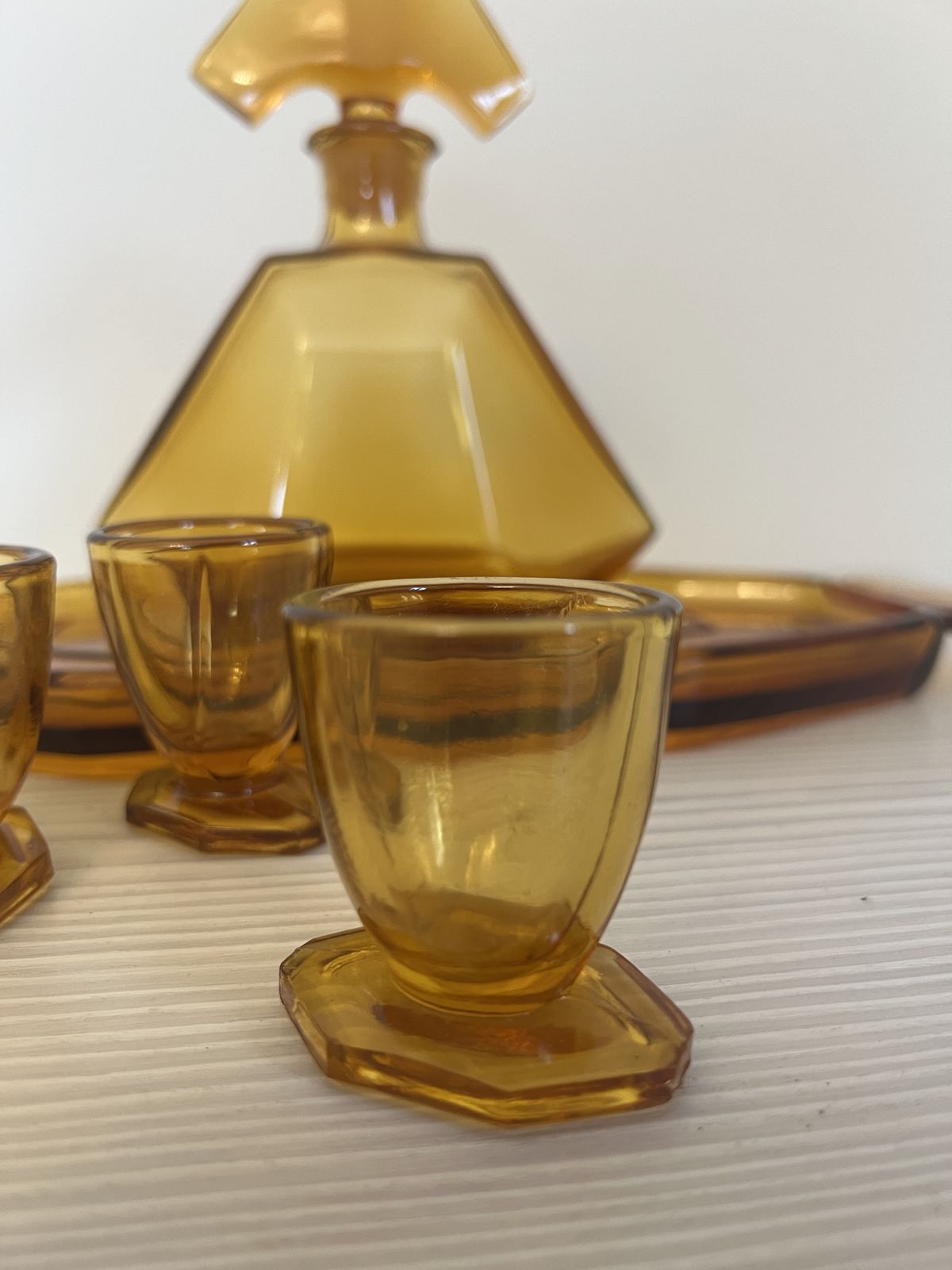 Art Deco Stölzle Liquor Set Czech Amber Glass Decanter With Tray And 4 Shot Glasses photo vintage