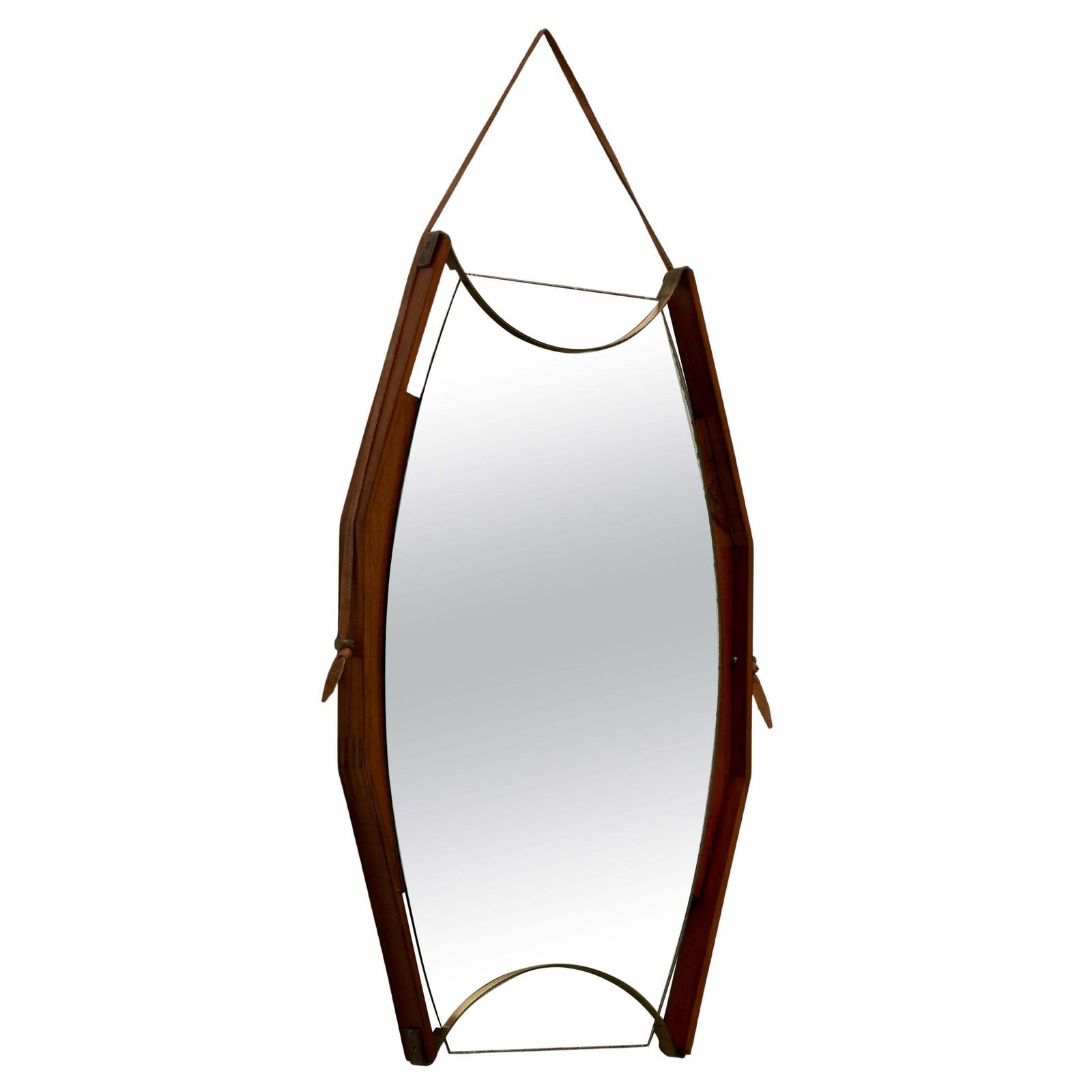 Wandspiegel In Walnoot, Messing En Glas, Italië, Ca. Jaren 1950