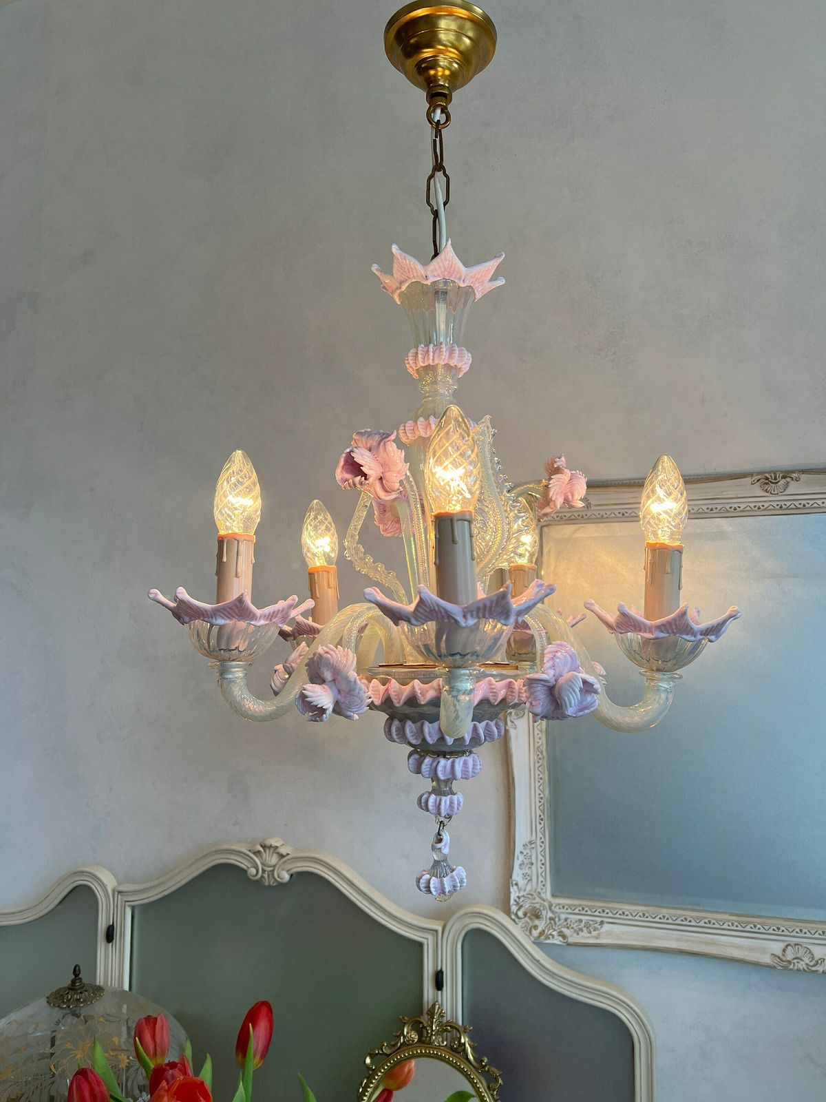 Vintage Pink Murano Chandelier, Murano Venetian Hand Blown Light, Pink Clear Glass Flowers Floral Hand Made Light 1950 Italian