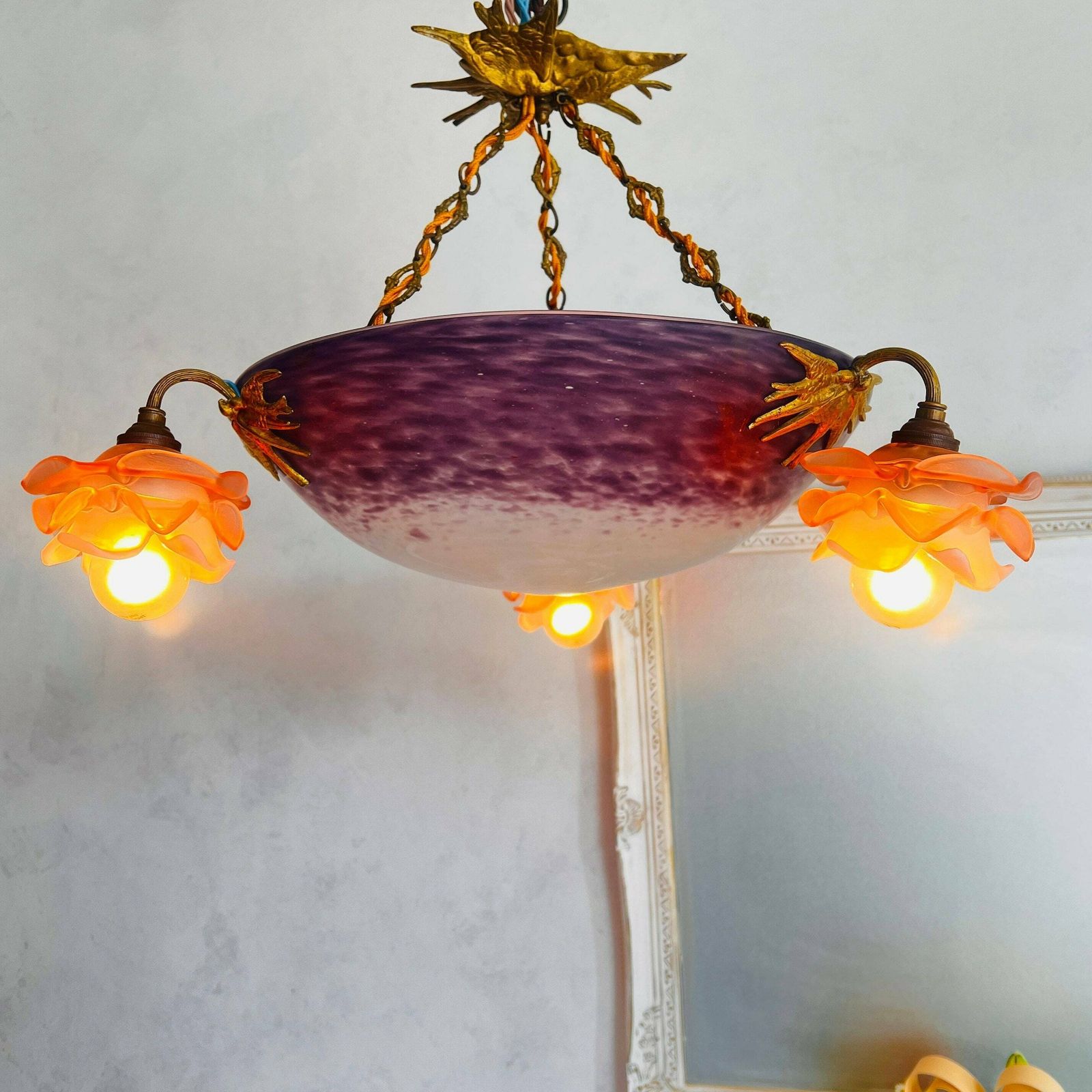 Antique Purple Chandelier French Pendant Lamp With 4 Bulbs Light Vintage Home Lighting