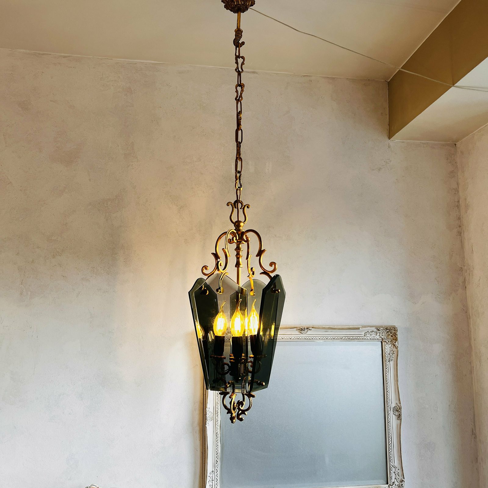 Vintage French Ceiling Lamp, Lantern With Etched Glass Panels, Art Deco Style photo for sale
