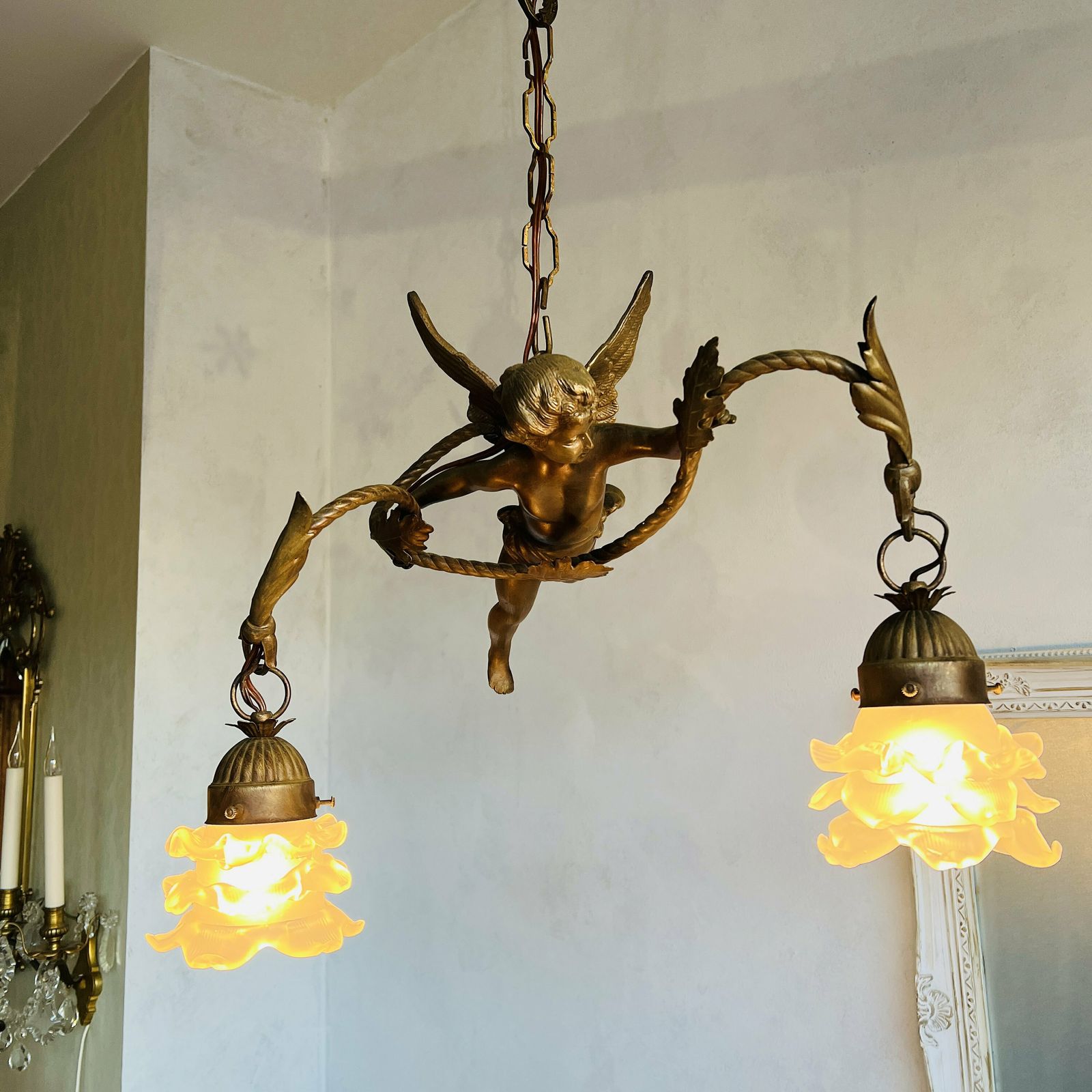 Vintage French Big Bronze Angel/Cherub/Putti Pendant Lamp With Frosted Glass Lampshade photo 1252.0