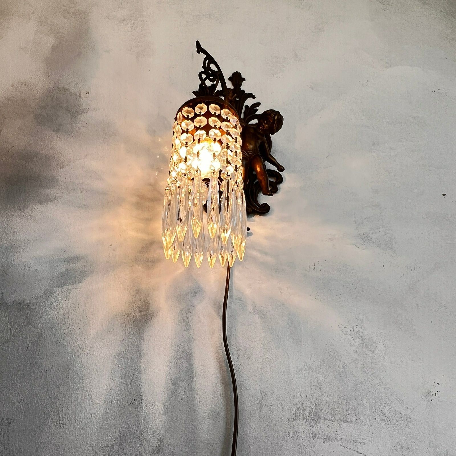 Unique French Cherub/Putti/Angel Wall Sconce, Crystals Lampshade, Home Lighting, Interior Design photo buy