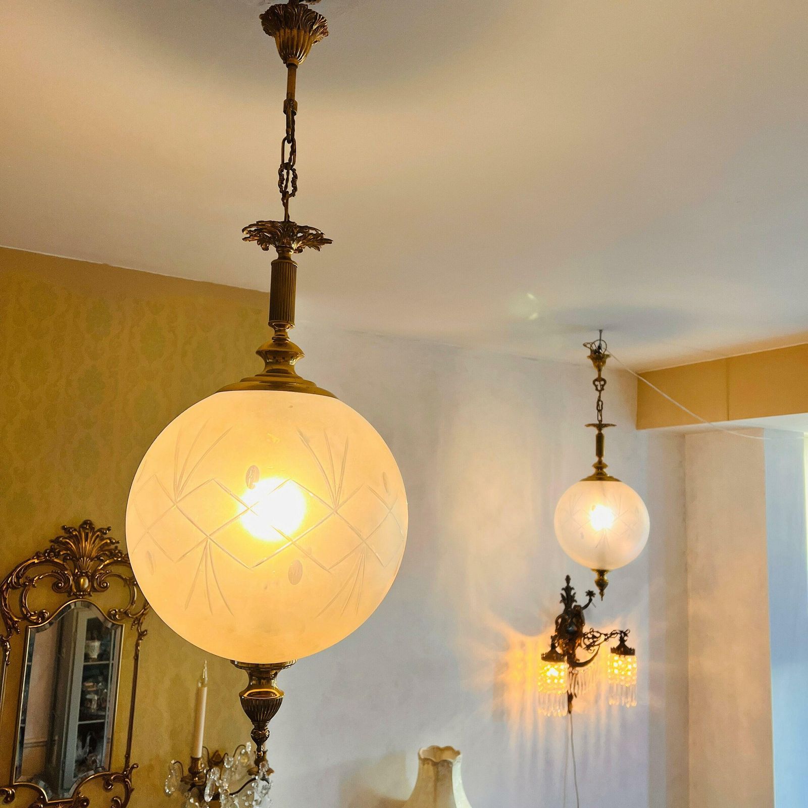 Pair Of Spheres Art Nouveau Frosted Glass Ceiling Lights Lamps, Lantern Style Hanging Lamps photo vintage