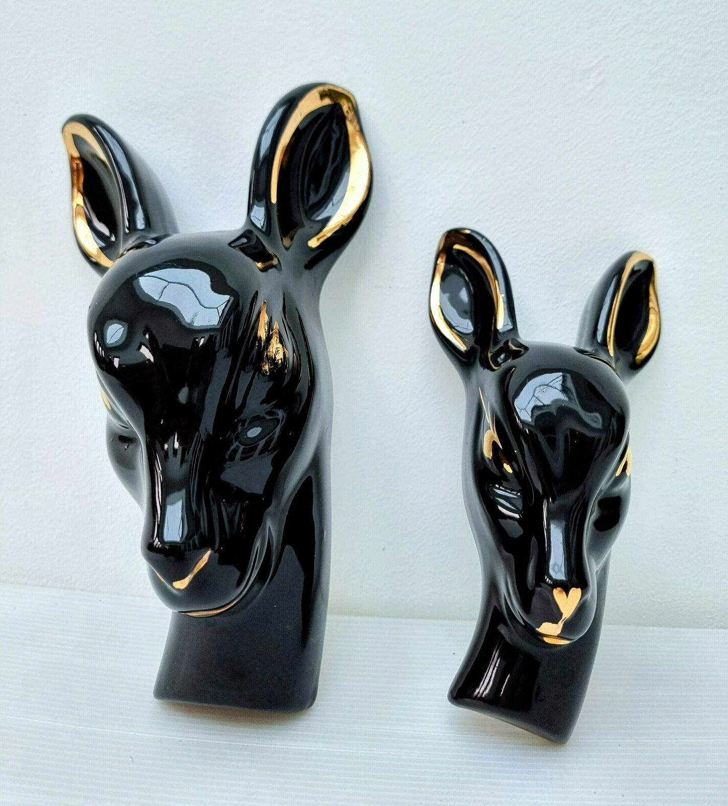 Pair Of Deers Head Wall Vase Pocket Sconces Black Gold Modernist / Mid Century
