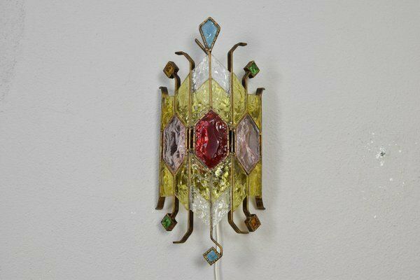 Mid Century Italian Brutalist Murano Glass Wall Lamp By Longobard For Poliarte, 1980s photo furniture