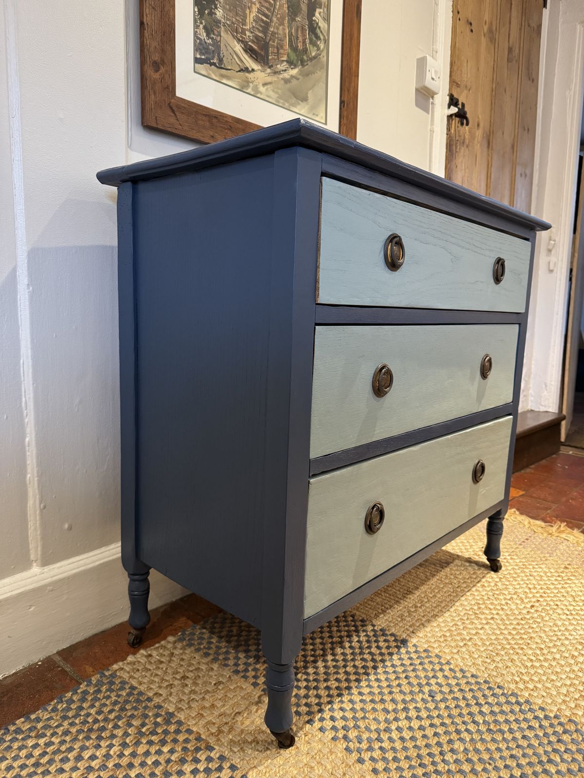 Three Drawer Chest Painted In Farrow & Ball Blues photo for sale