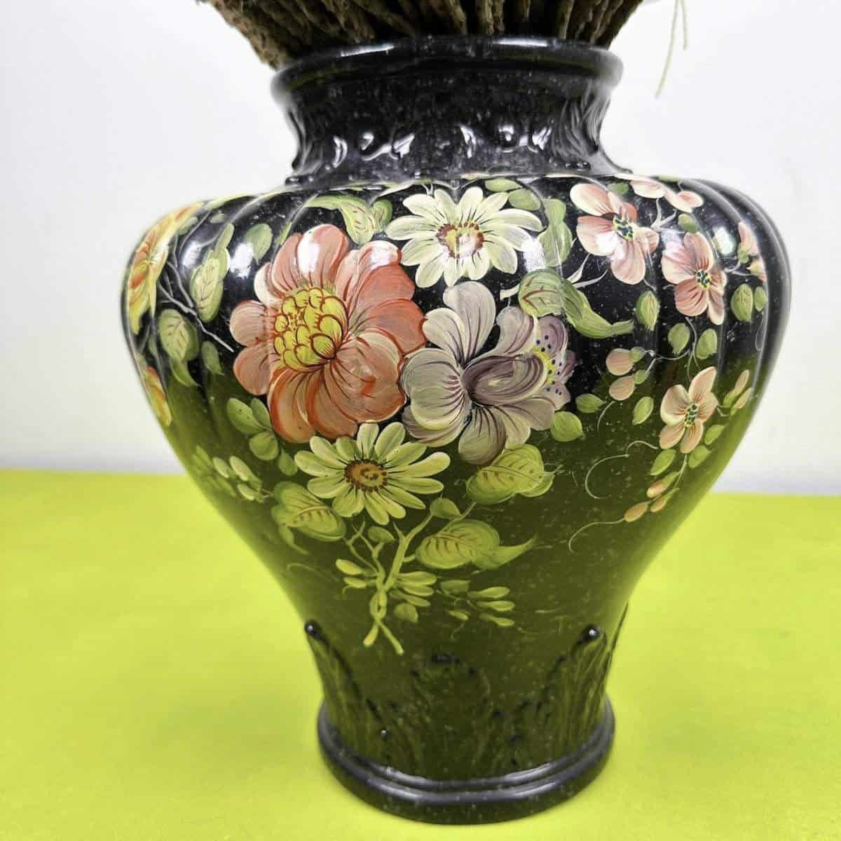 Black Bassano Ceramic Vase With Hand Painted Decorations Enriched By Artisanal Composition photo vinterior