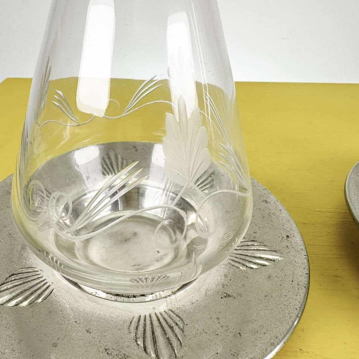 Pair Of Vintage Glass Decanter Bottles With Engraved Decoration And Metal Bases Wmf photo furniture