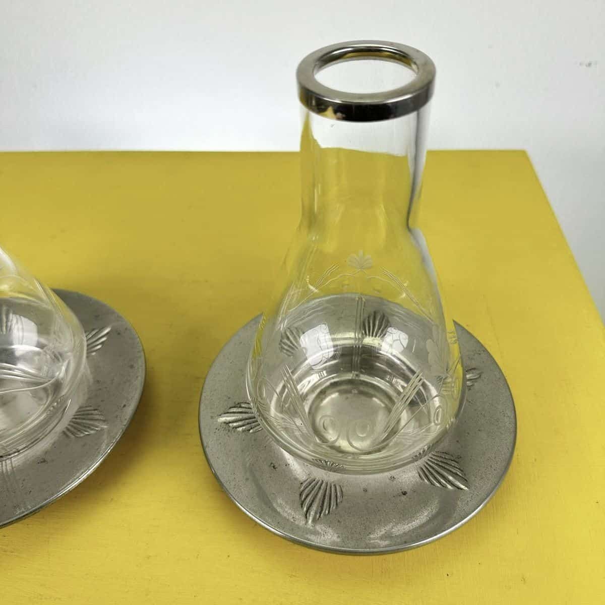 Pair Of Vintage Glass Decanter Bottles With Engraved Decoration And Metal Bases Wmf photo for sale