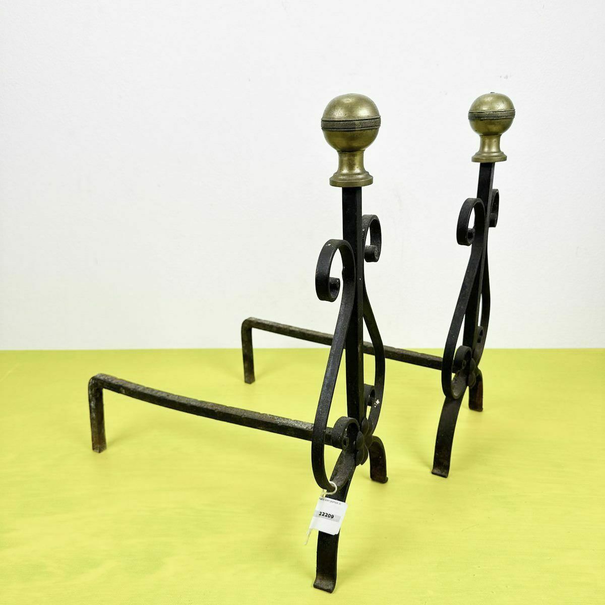 Pair Of Metal Andirons With Brass Knobsa photo vinterior