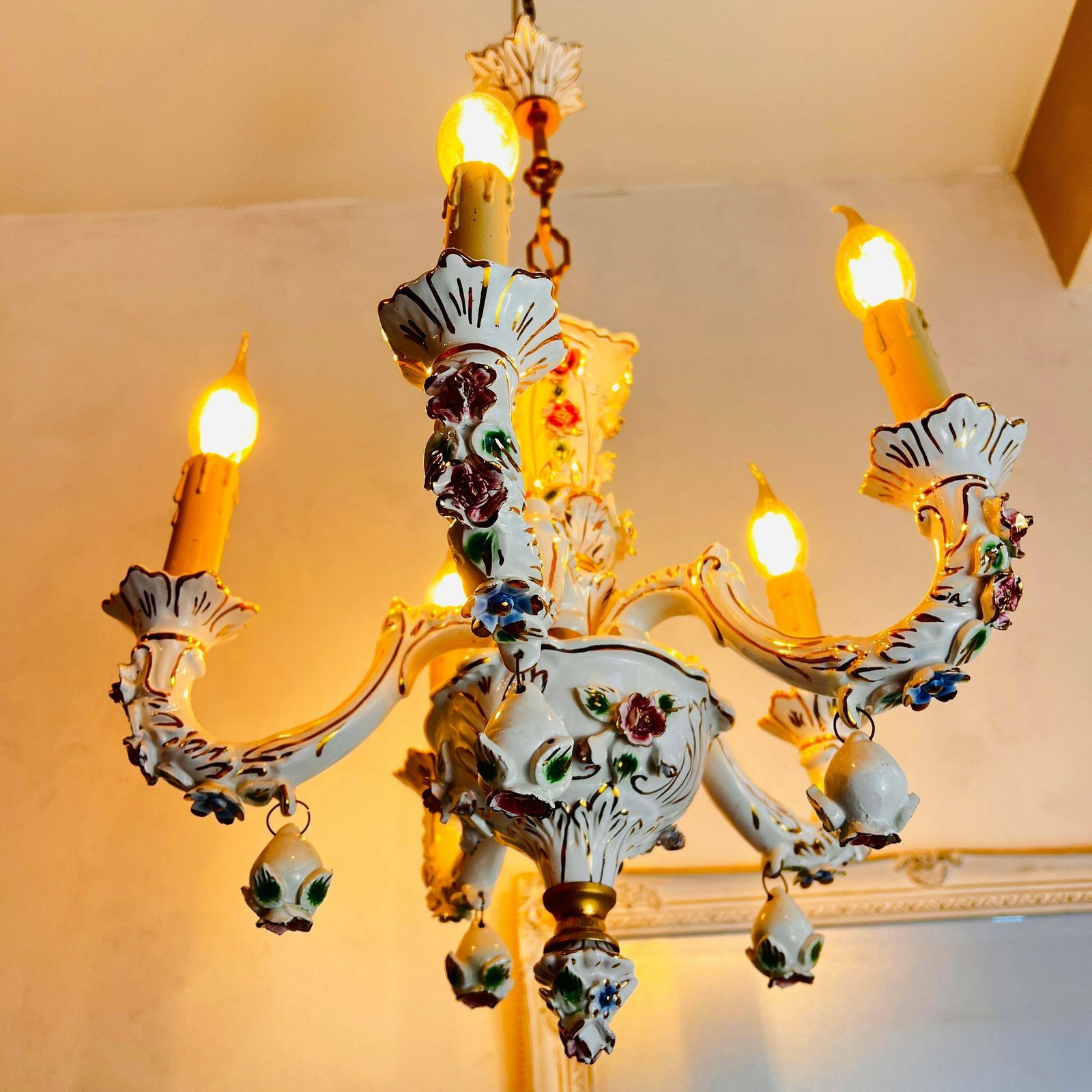 Porcelain Chandelier, Vintage Home Lighting, Capodimonte Style. photo furniture