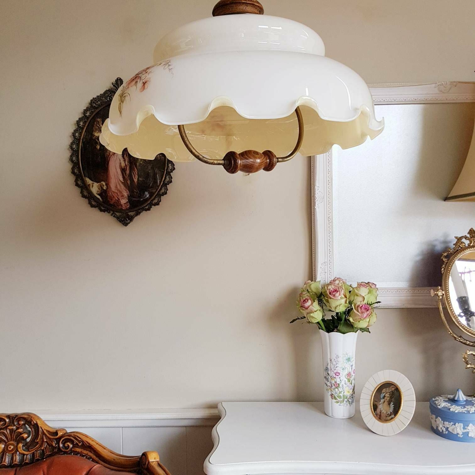 Grote Hanglamp, Opaalglaskapje Met Houten Handgreep, Zeldzaam Model Met Verstelbare Hoogte photo for sale