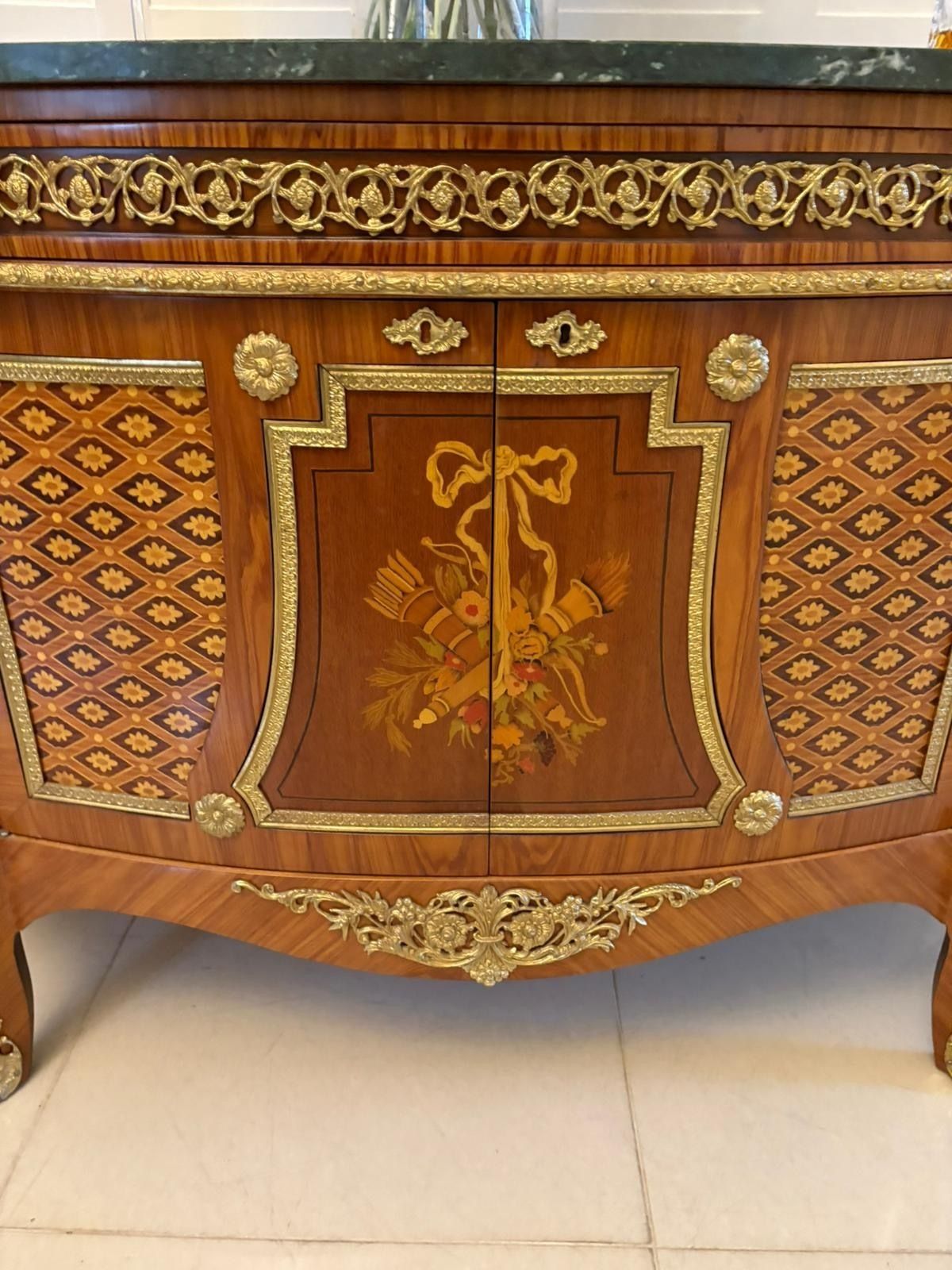 Fine Quality Antique French Kingwood Marquetry And Parquetry Inlaid Marble Top Sideboard photo for sale