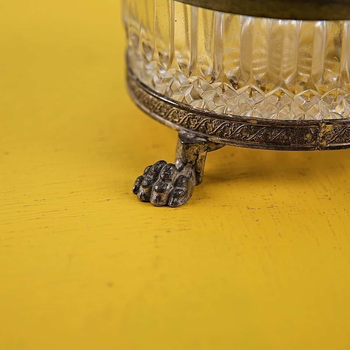 Vintage Centerpiece Composed Of Pewter Tray, Ground Glass Bowl With Lion’s Feet Pedestal photo furniture