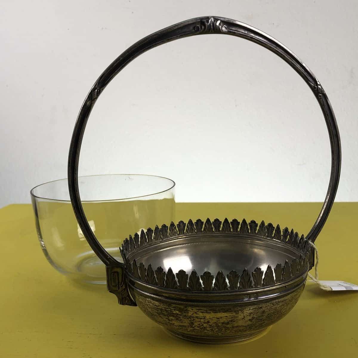 Early 1900s Centerpiece Bucket In Glass And 800 Stamped Silver photo vintage