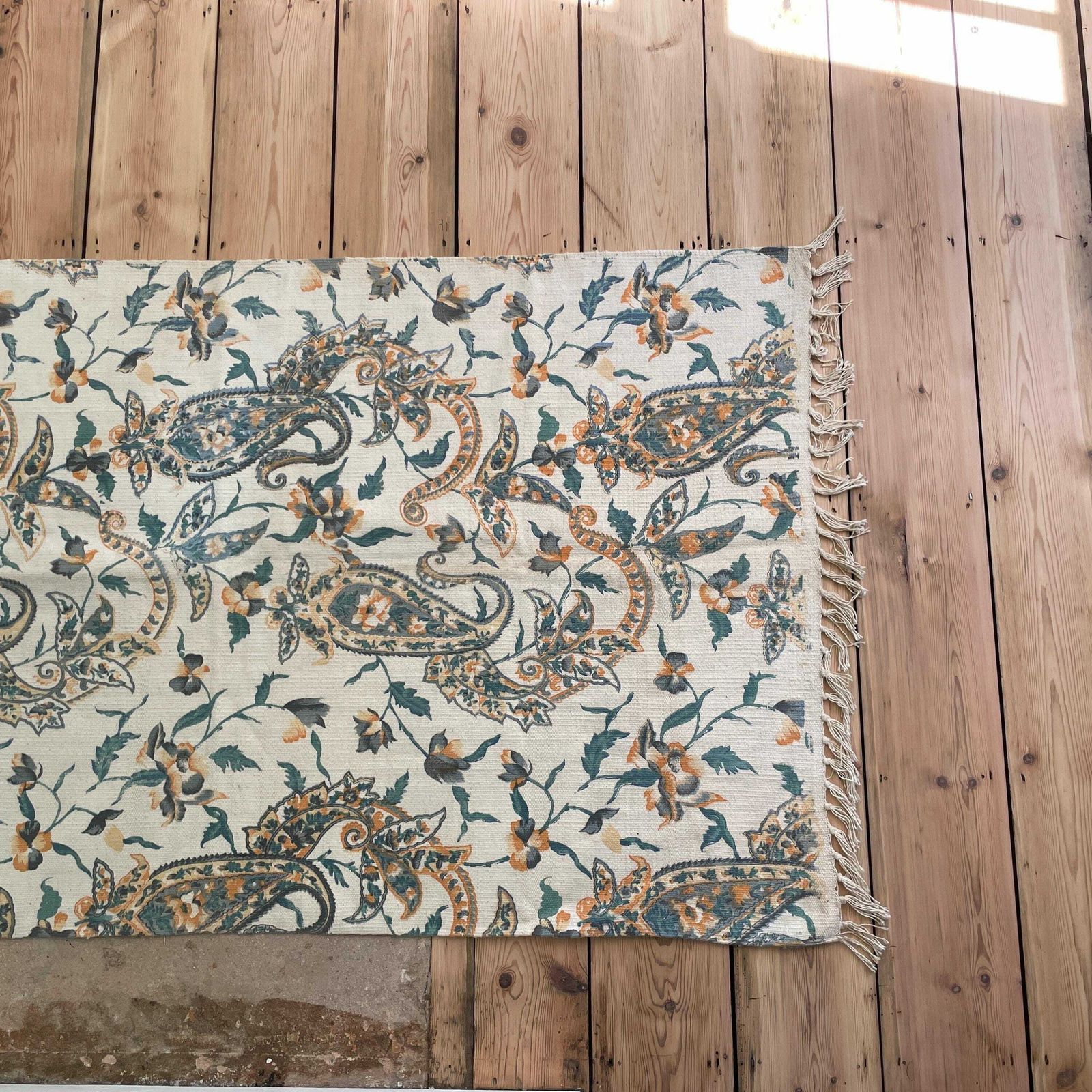 Vintage Fabric Throw Blanket Paisley Patterntassel Hand Printed Antique Patterned Pattern Tassels Sofa Woven Cottage Blue Cream photo vinterior