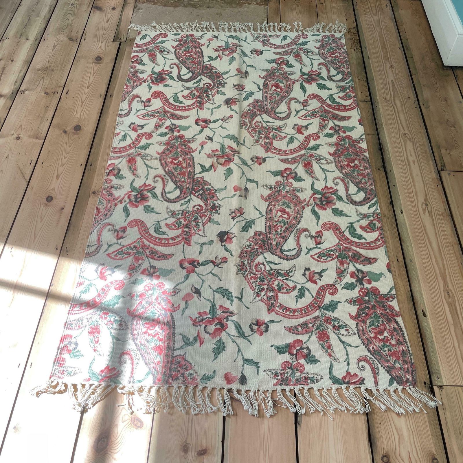 Vintage Fabric Throw Blanket Paisley Patterntassel Hand Printed Pink Antique Patterned Pattern Tassels Sofa Woven Cottage photo for sale