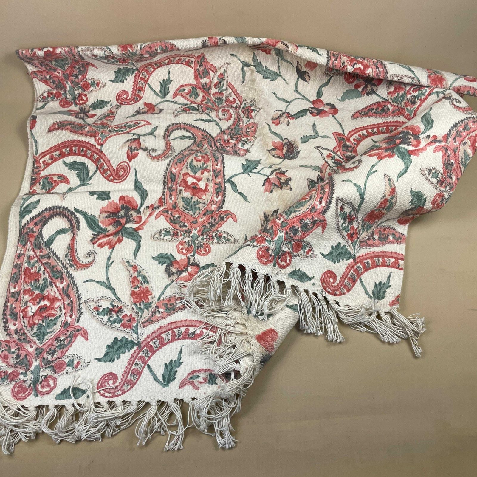 Vintage Fabric Throw Blanket Paisley Patterntassel Hand Printed Pink Antique Patterned Pattern Tassels Sofa Woven Cottage photo buy