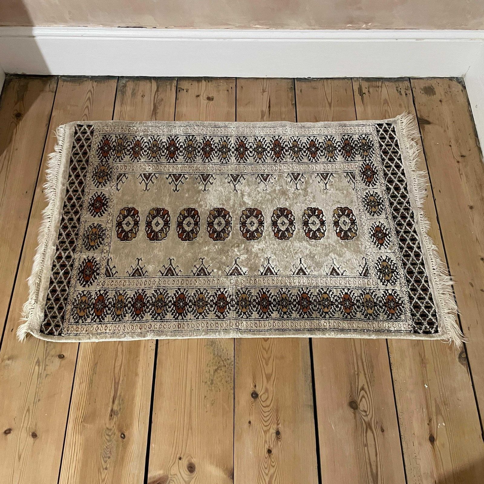 Antique Woven Rug Carpet Mat Rectangle Wool Vintage Pattern Bokhara Woven Floor Mat Handmade Textile Patterned Pattern Cream Small photo Textiles