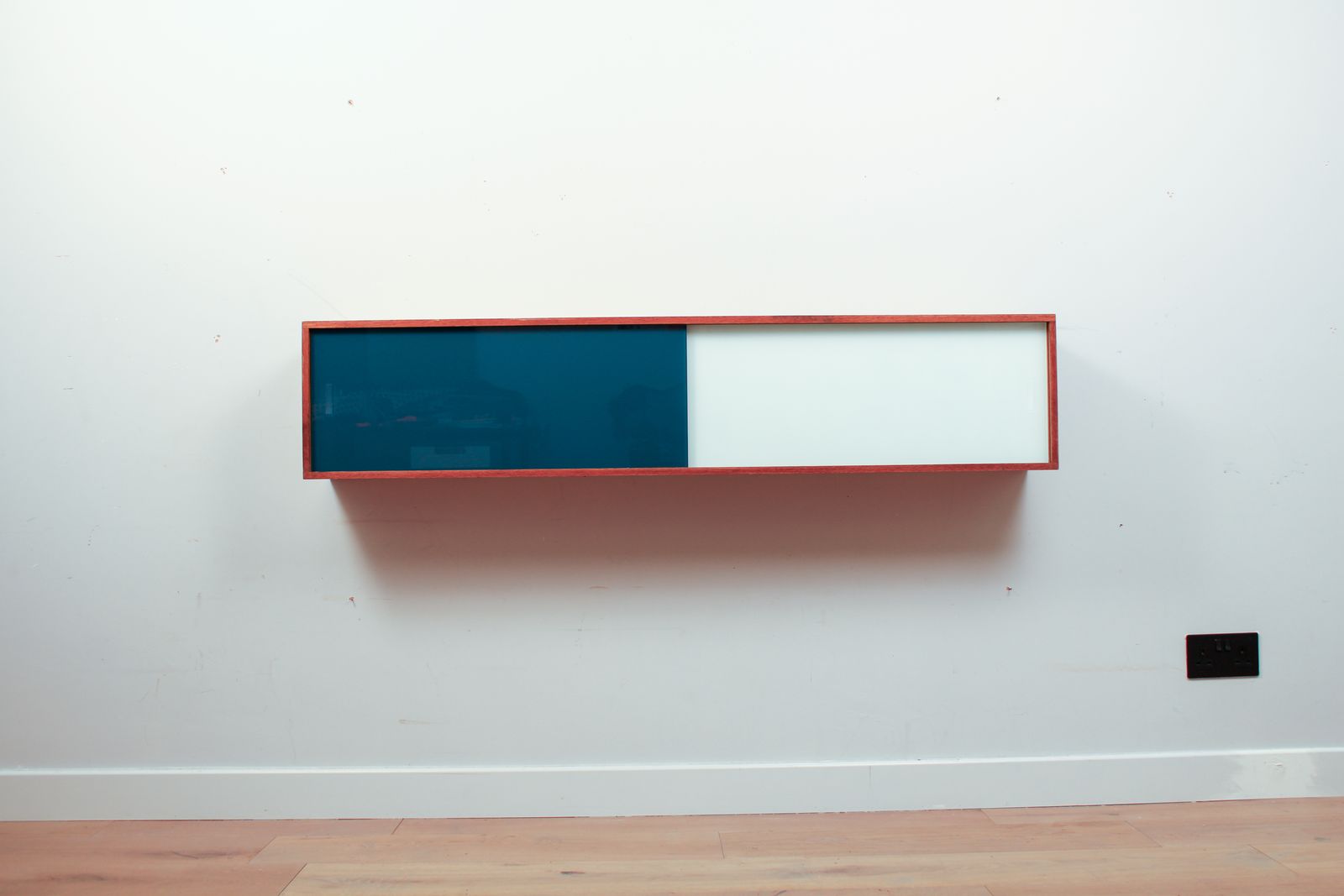 A Vintage Mid Century Wall Hung Oak Cabinet, Blue & White Sliding Glass Doors photo Furniture
