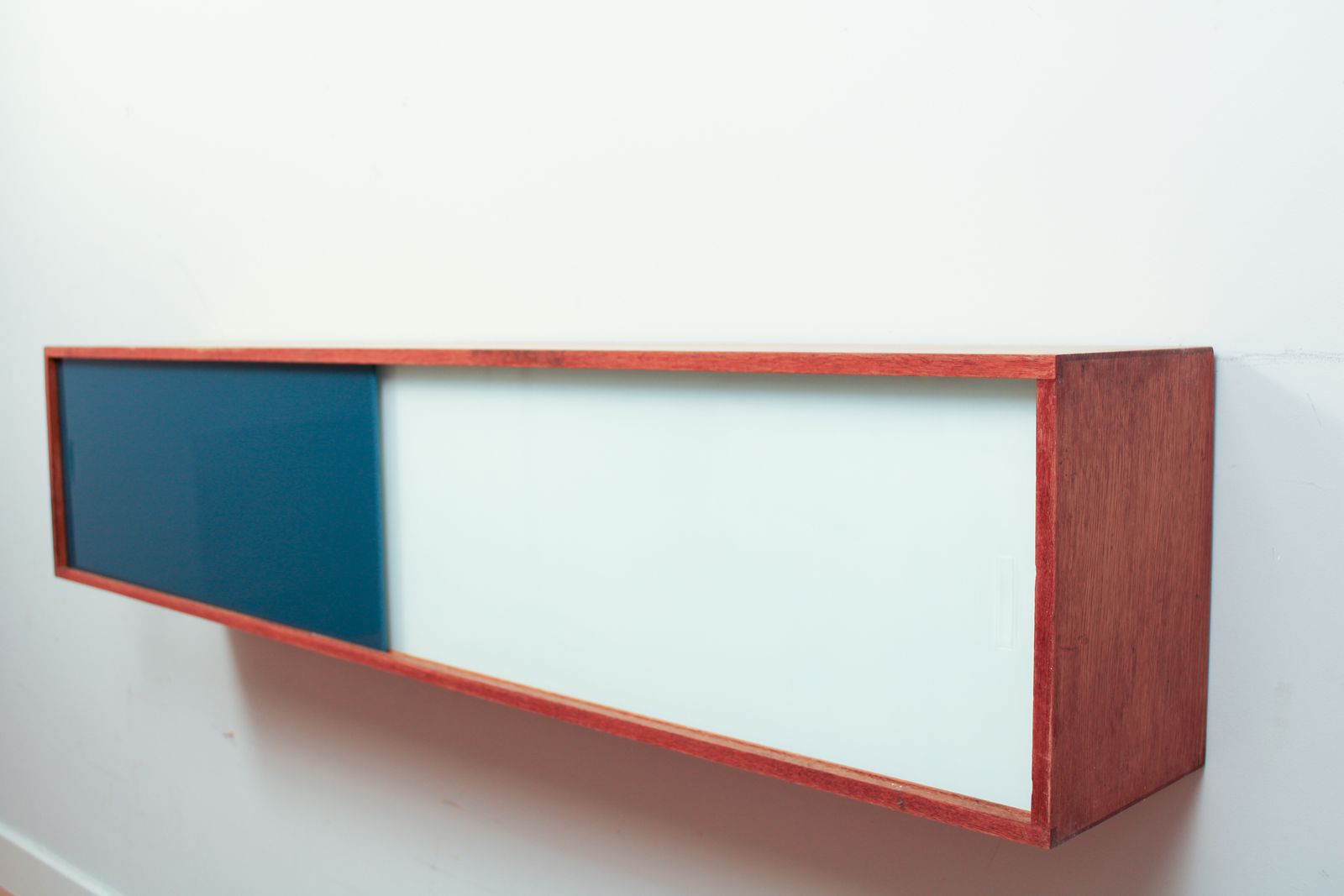 photo for sale A Vintage Mid Century Wall Hung Oak Cabinet, Blue & White Sliding Glass Doors