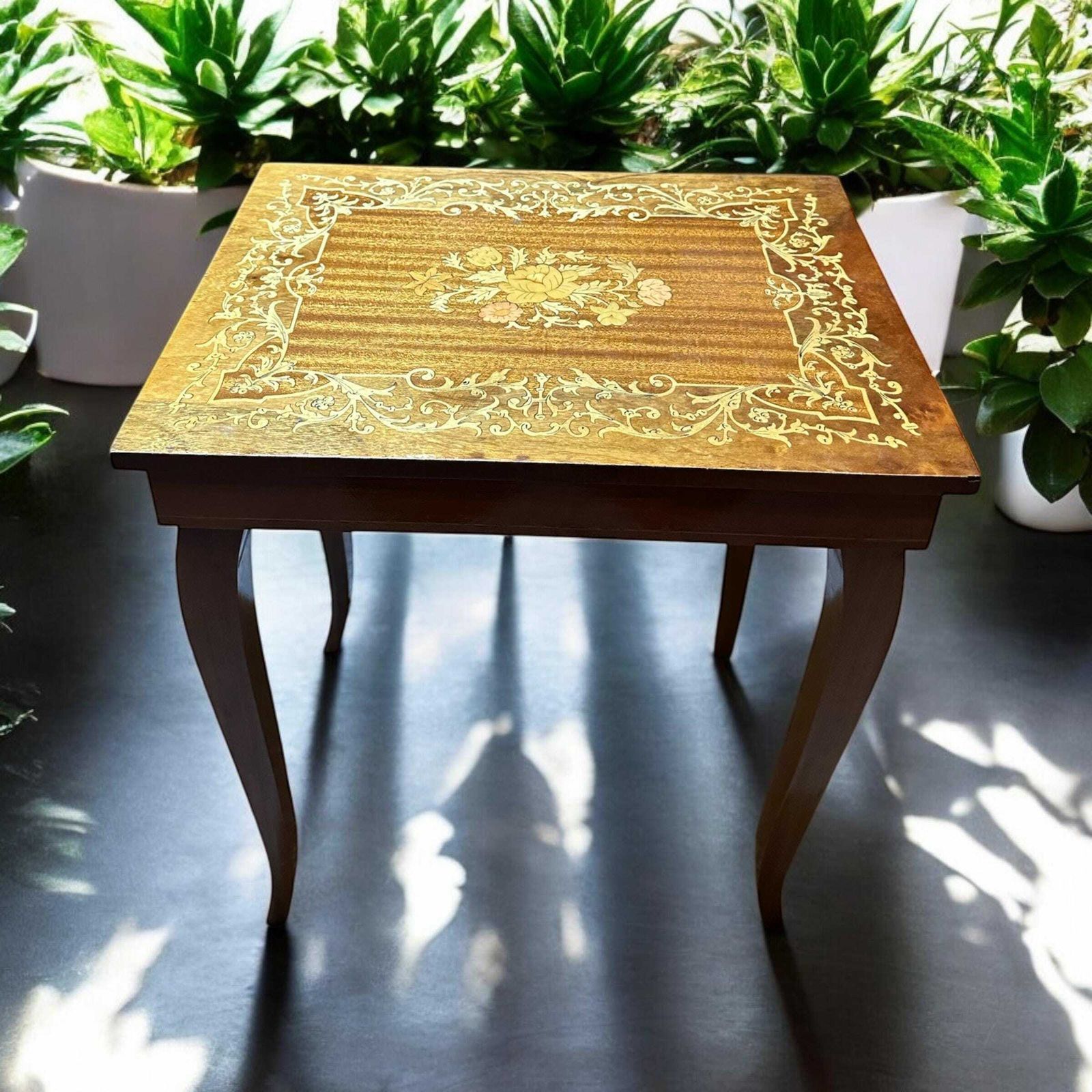 Vintage Inlaid Wood Italian Raege Music Box Table / Vintage Handcrafted 1970s / Original Key photo vintage