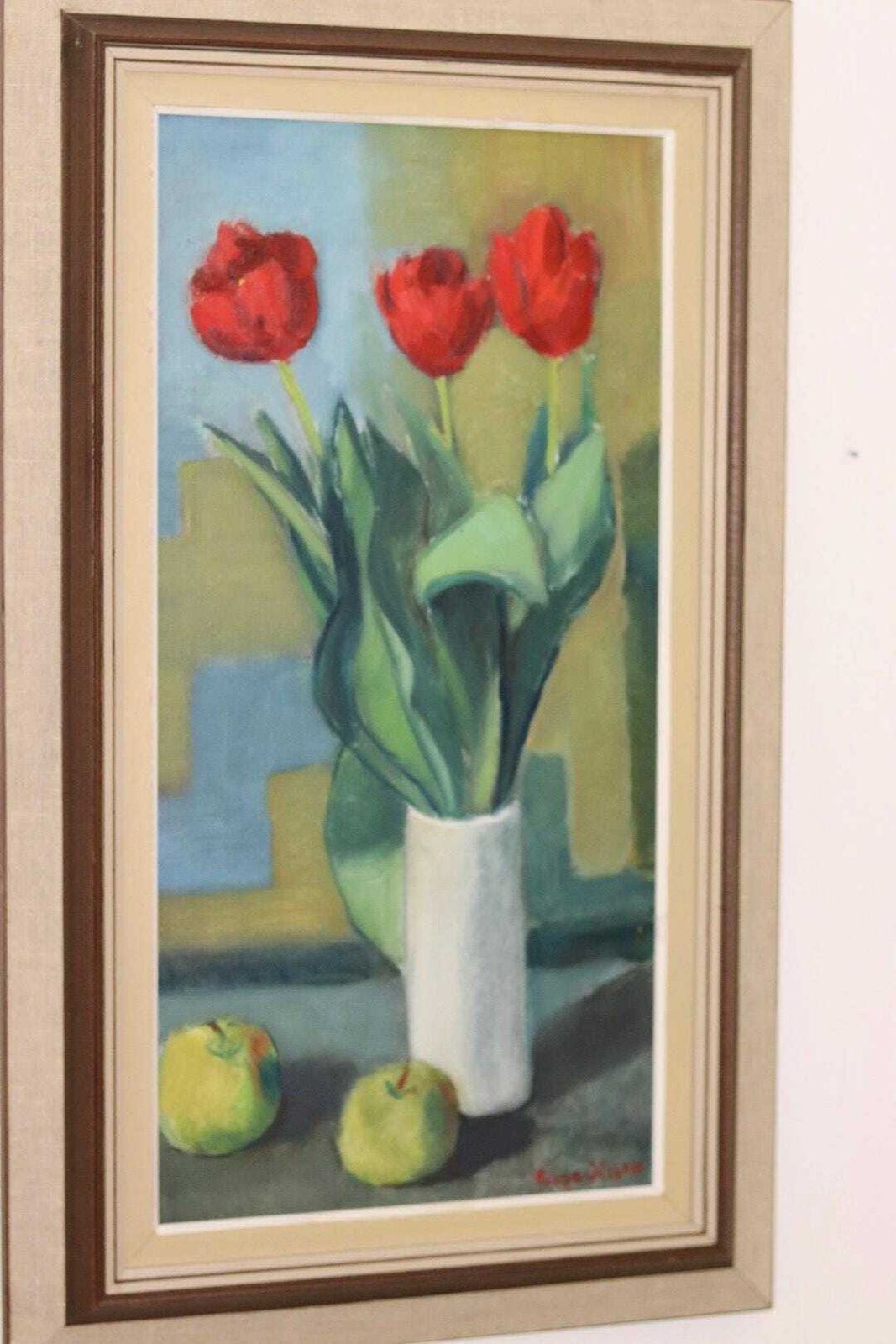 1970's Large Swedish Mid Century Oil On Board Painting" Still Life Tulips " By Hugo Olsson   Vintage & Framed photo for sale