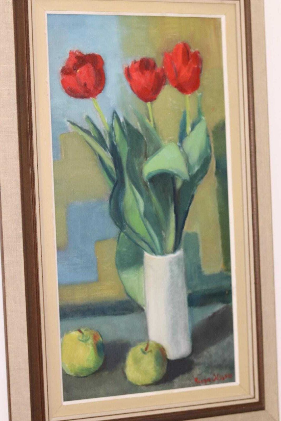 1970's Large Swedish Mid Century Oil On Board Painting" Still Life Tulips " By Hugo Olsson   Vintage & Framed photo 425.0
