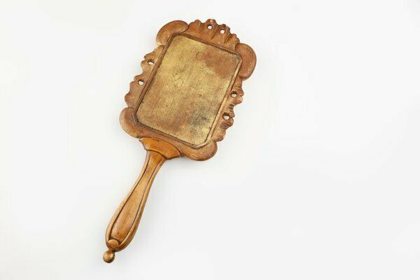 photo for sale Handcrafted Wooden Hand Held Mirror, France, 1950s
