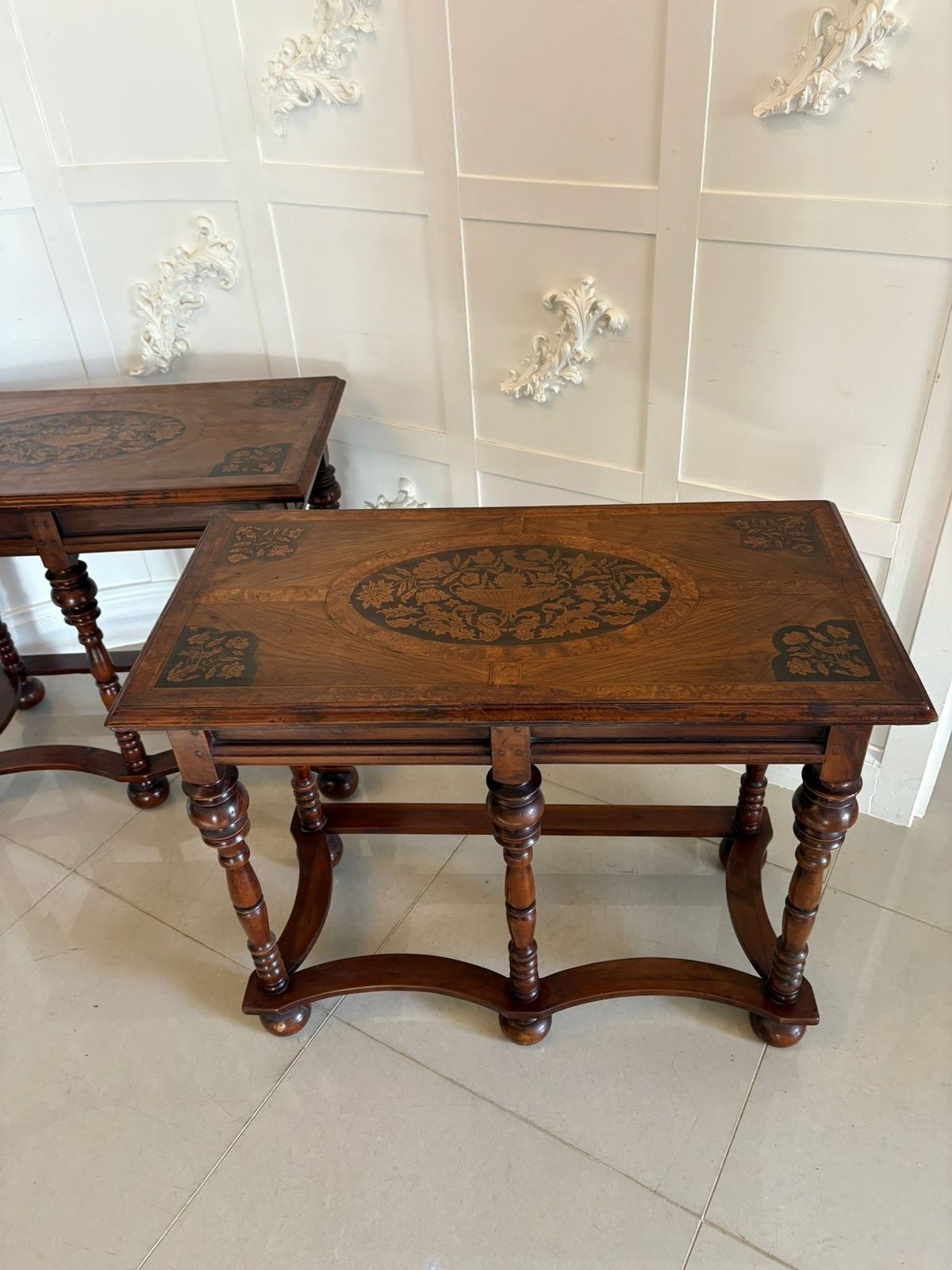Outstanding Quality Pair Of Antique 19th Century Burr Walnut Marquetry Inlaid Side Tables photo vintage