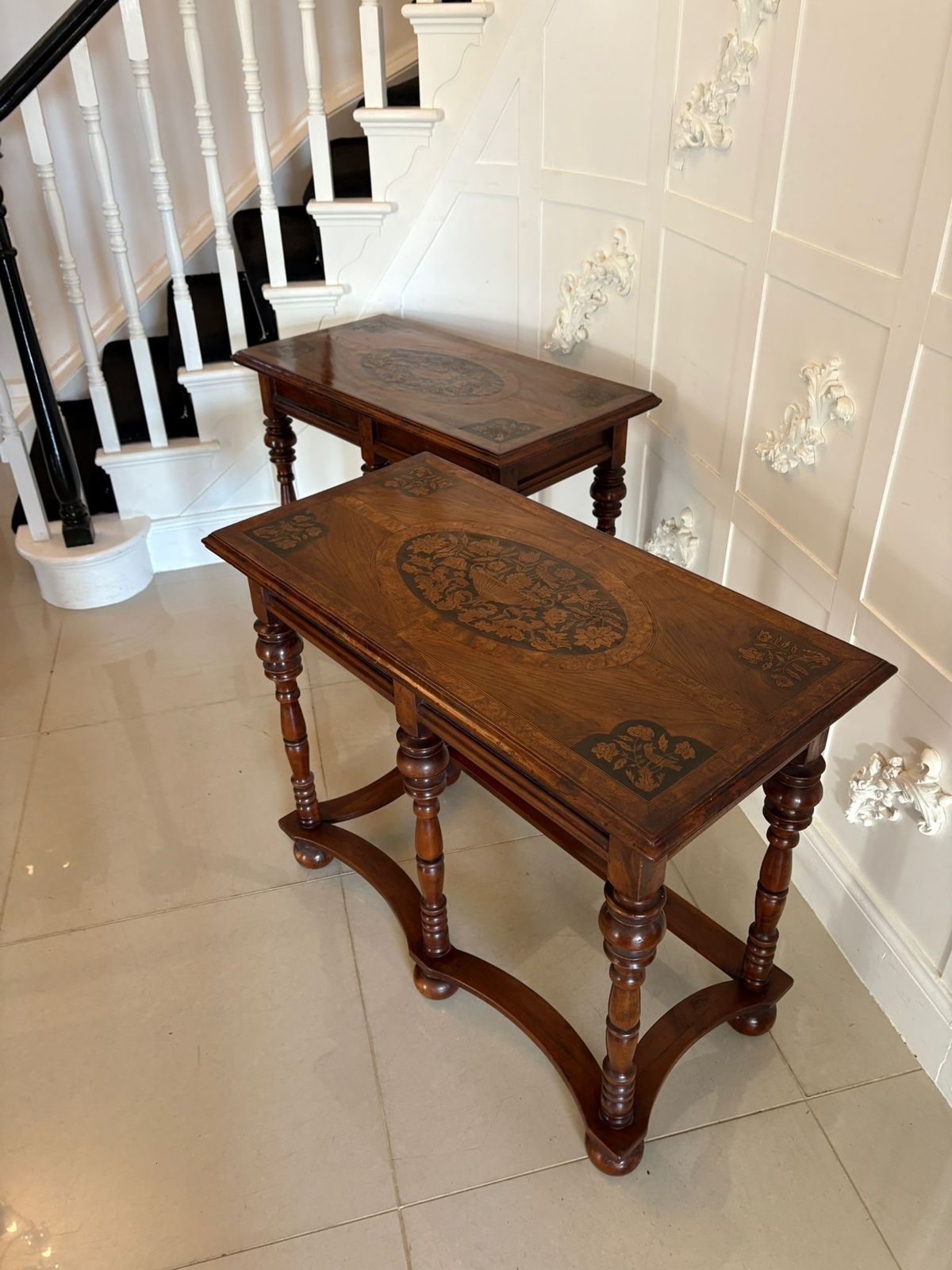 Furniture Outstanding Quality Pair Of Antique 19th Century Burr Walnut Marquetry Inlaid Side Tables photo
