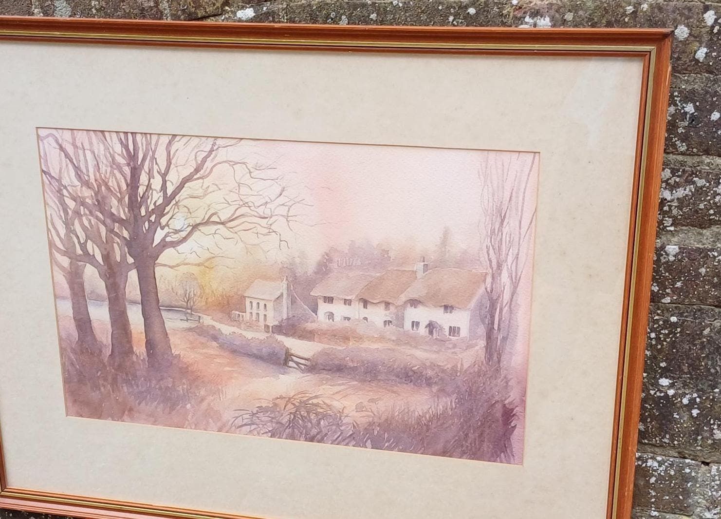 Autumn Colours Original Vintage Watercolour Of Country Scene And Cottages, Glazed Vintage Frame, Large   75cm X 58cm