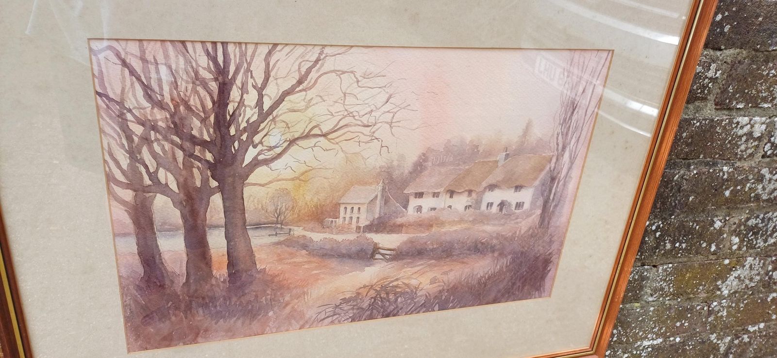 Autumn Colours Original Vintage Watercolour Of Country Scene And Cottages, Glazed Vintage Frame, Large   75cm X 58cm photo for sale