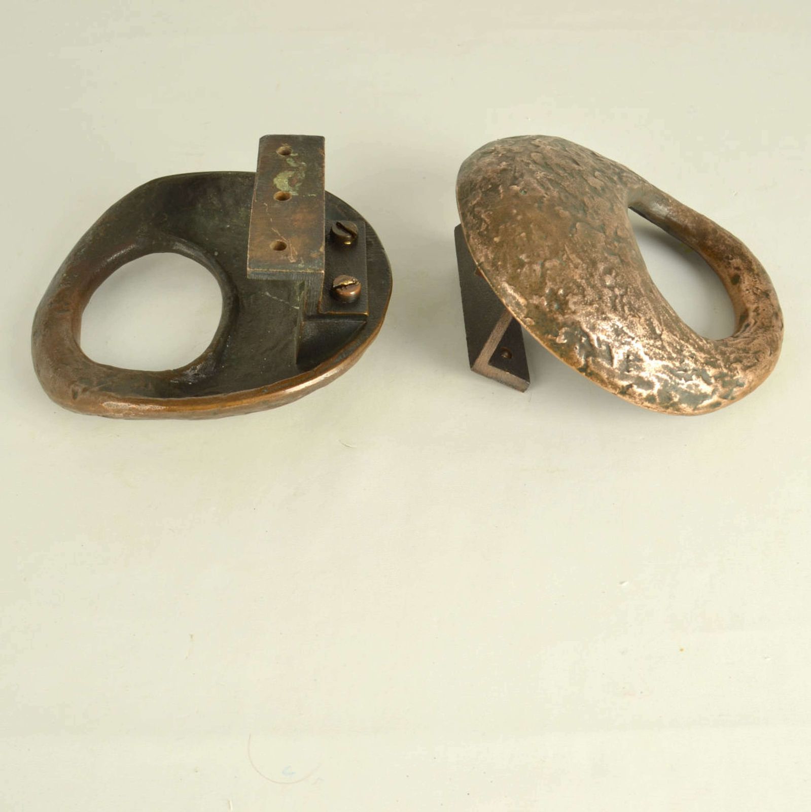 Pair Of Round Bronze Relief Door Handles With Oval Grip photo vintage