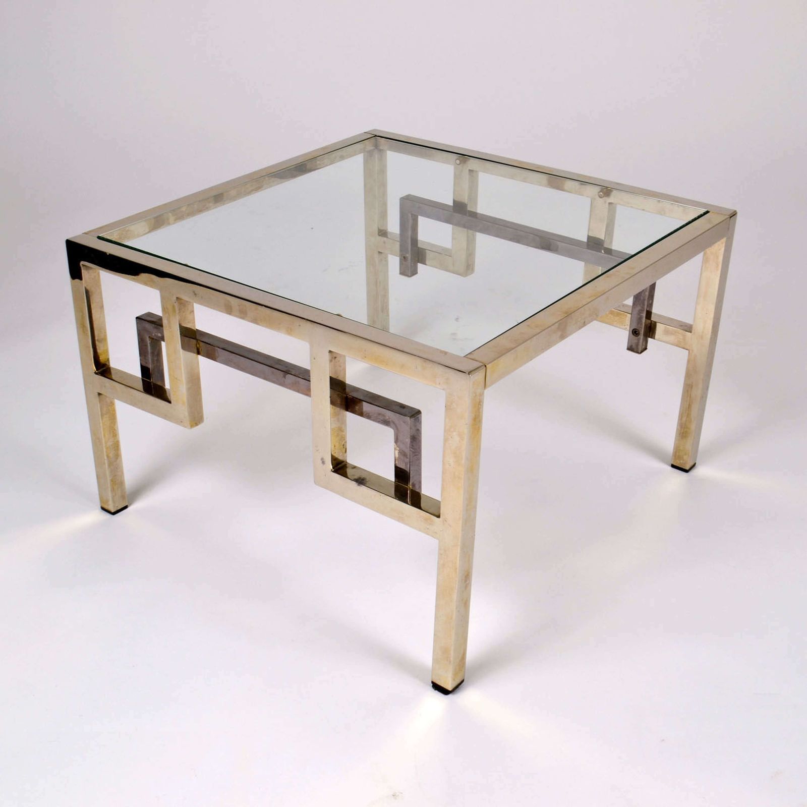 Pair Chrome & Brass Belgo Chrome Side Tables Glass Top 1970's photo furniture