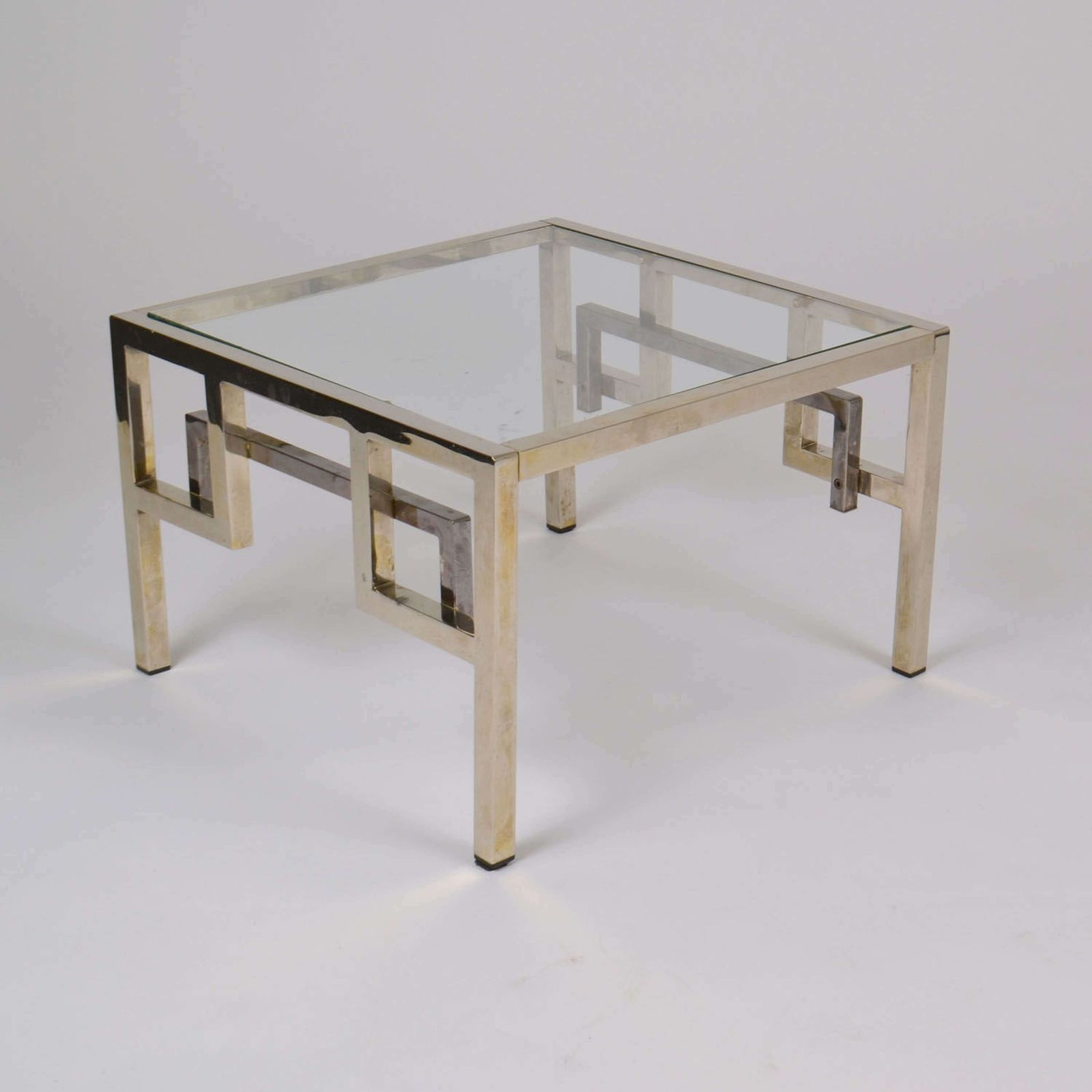 photo for sale Pair Chrome & Brass Belgo Chrome Side Tables Glass Top 1970's