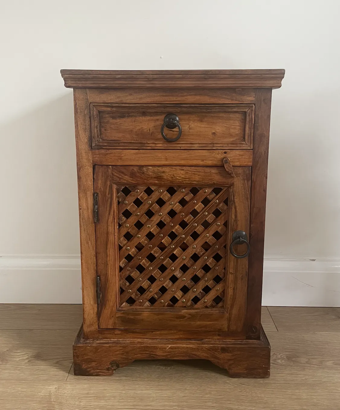 Antique Church Style Wooden Metal Detail Bedside Cabinet