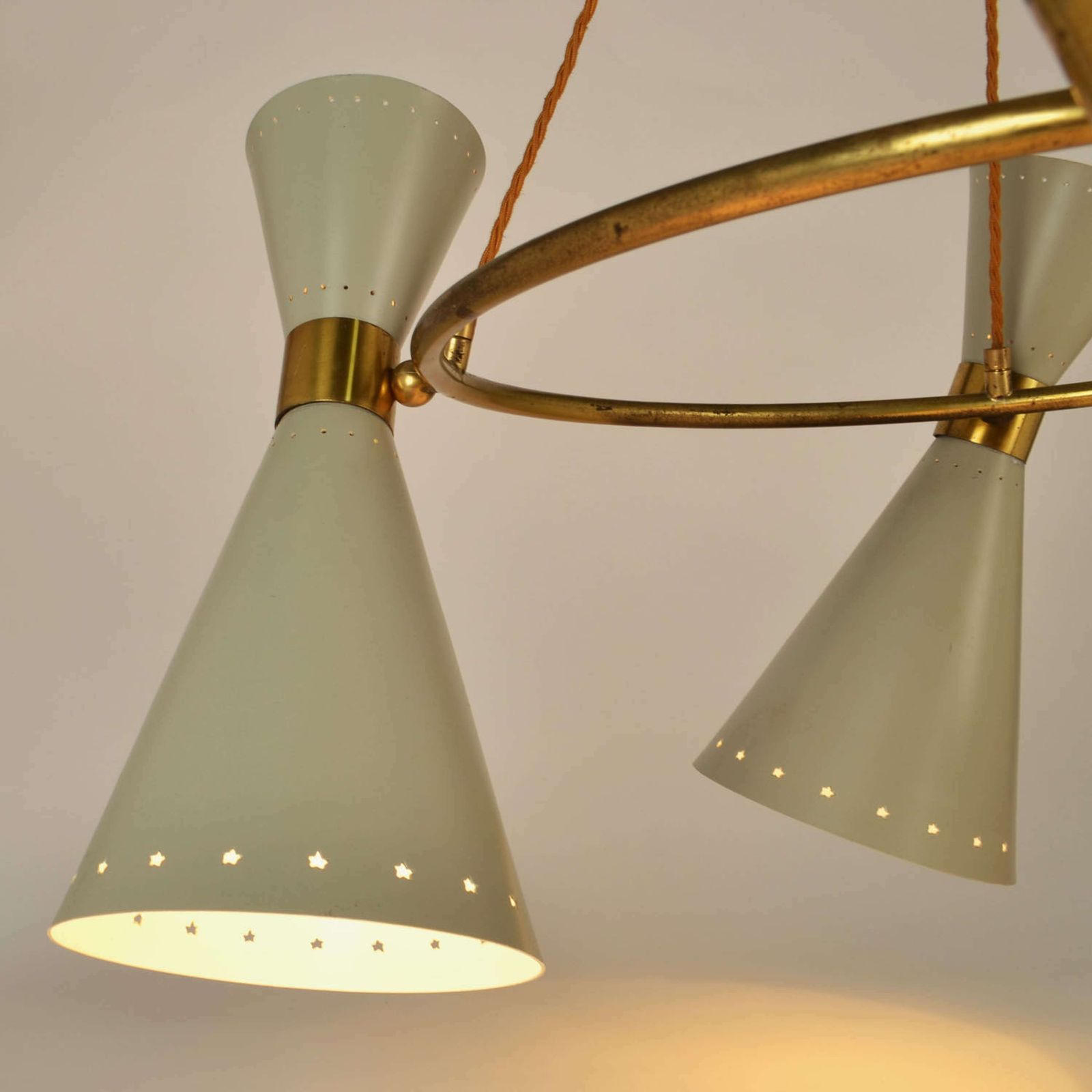 photo furniture 1950s Diabolo, Hourglass Chandelier Stilnovo Era, Grey Metal & Brass