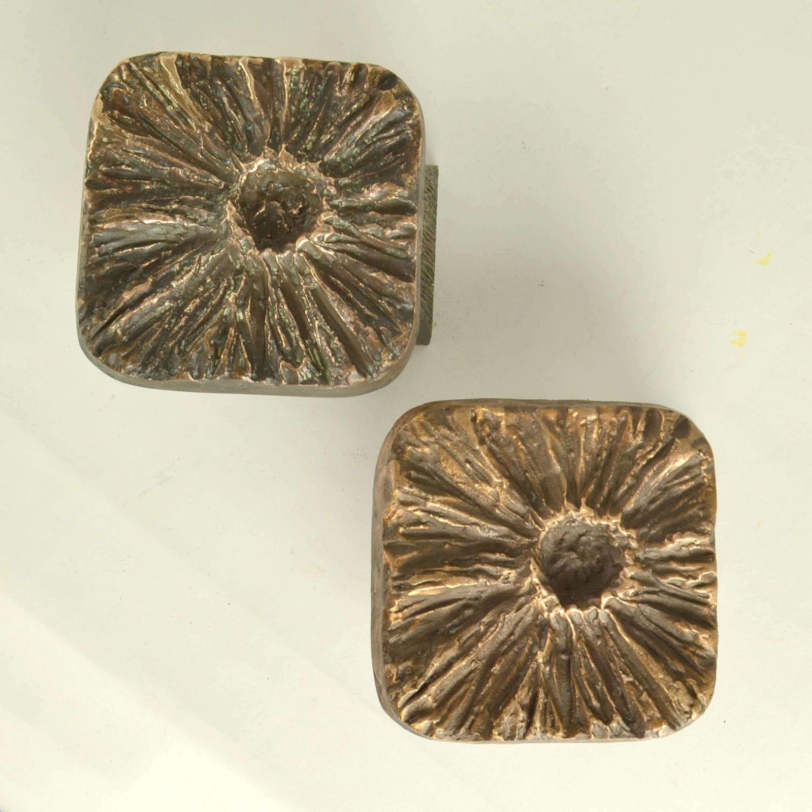 Brutalist Pair Of Bronze Square Push Pull Door Handles Flower Relief photo furniture